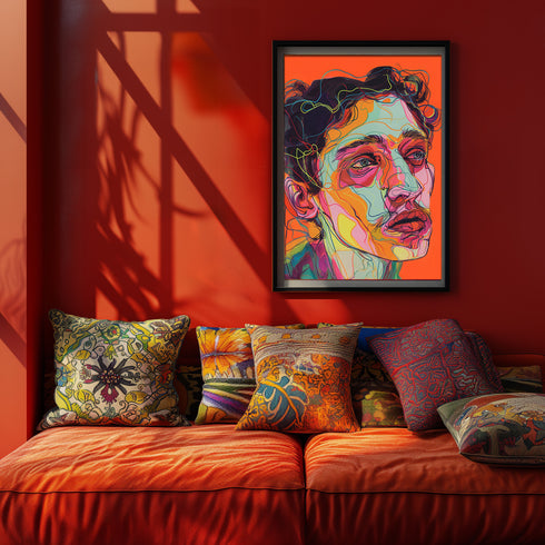 Vibrant digital portrait of a person with angular features against a bright orange background. The face is composed of bold, colorful lines and shapes in various hues including purple, yellow, pink, and teal. The subject has tousled dark hair and a contemplative expression, with prominent eyes and lips. The style is reminiscent of expressive, contemporary digital art.